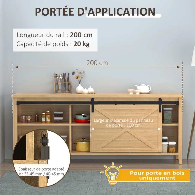 Kit quincaillerie porte coulissante 200 x 0,4 x 18 cm pose facile support 20 kg industriel en acier au carbone noir 21_0007143