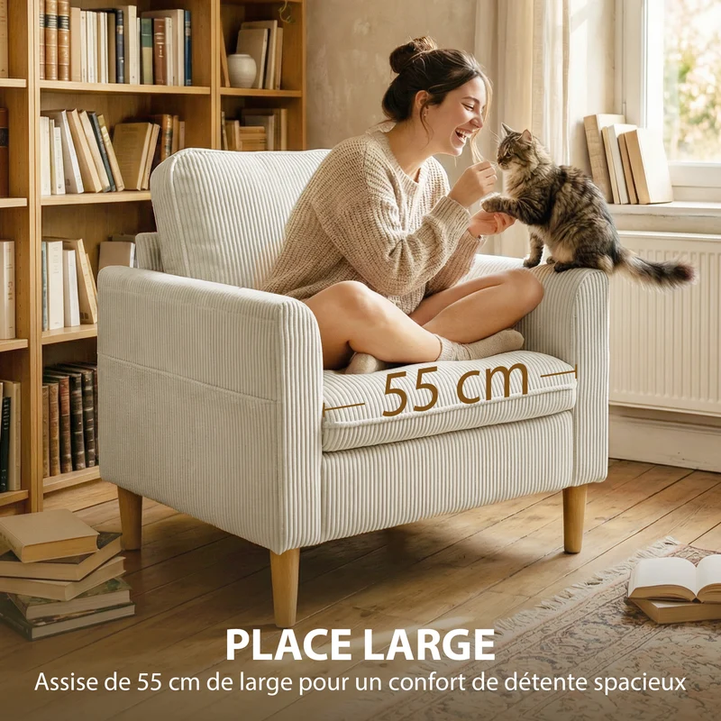 Fauteuil de salon 1 place 83 x 74 x 87 cm assise large coussin épais 15 cm moderne scandinave en velours côtelé beige 21_0003664