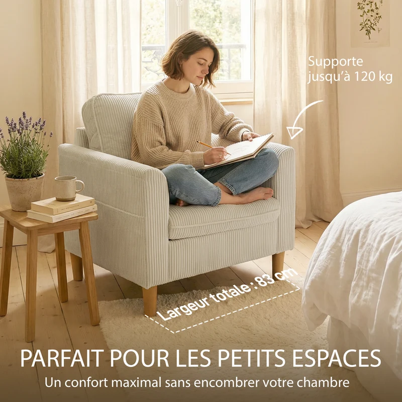 Fauteuil de salon 1 place 83 x 74 x 87 cm assise large coussin épais 15 cm moderne scandinave en velours côtelé beige 21_0003664
