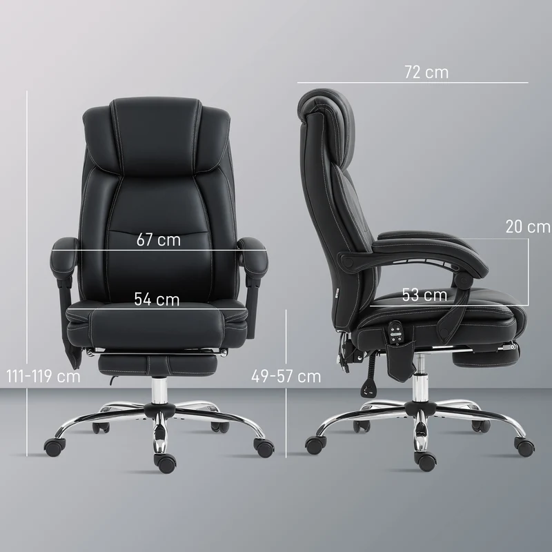 Fauteuil de bureau massant inclinable 67 x 72 x 111-119 cm chauffage lombaire repose-pieds escamotable moderne en PU noir 21_0006307