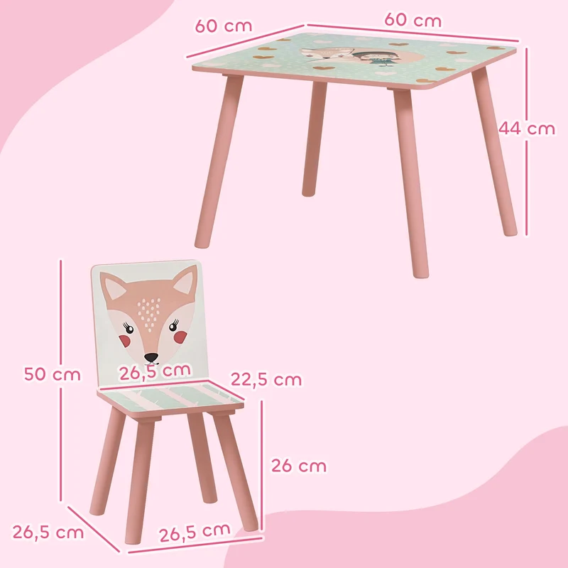 Ensemble table et chaises pour enfants table carrée 60 x 60 x 44 cm bords arrondis adapté 3 ans tendance en MDF rose 21_0000203