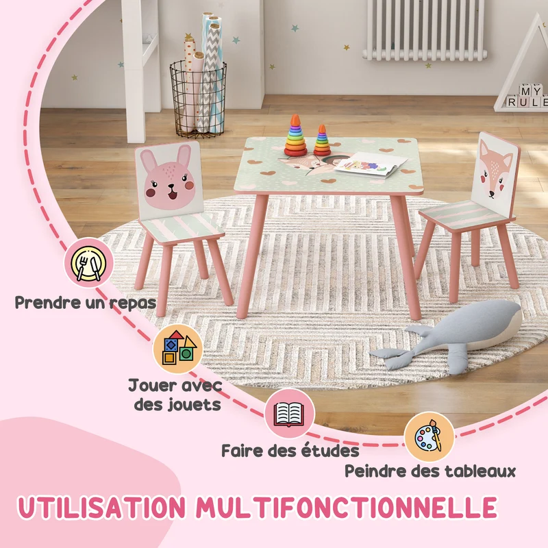 Ensemble table et chaises pour enfants table carrée 60 x 60 x 44 cm bords arrondis adapté 3 ans tendance en MDF rose 21_0000203