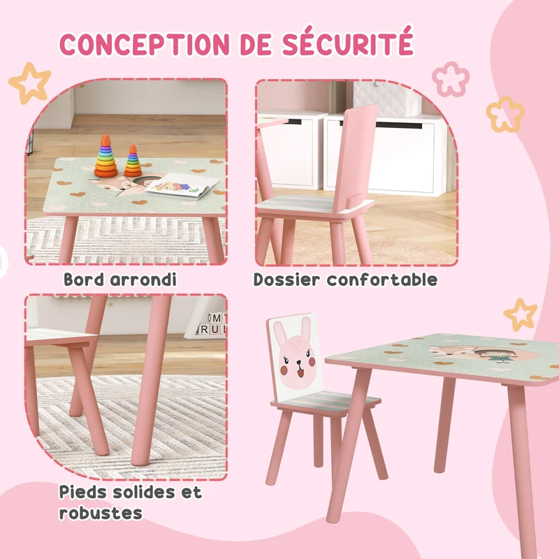 Ensemble table et chaises pour enfants table carrée 60 x 60 x 44 cm bords arrondis adapté 3 ans tendance en MDF rose 21_0000203
