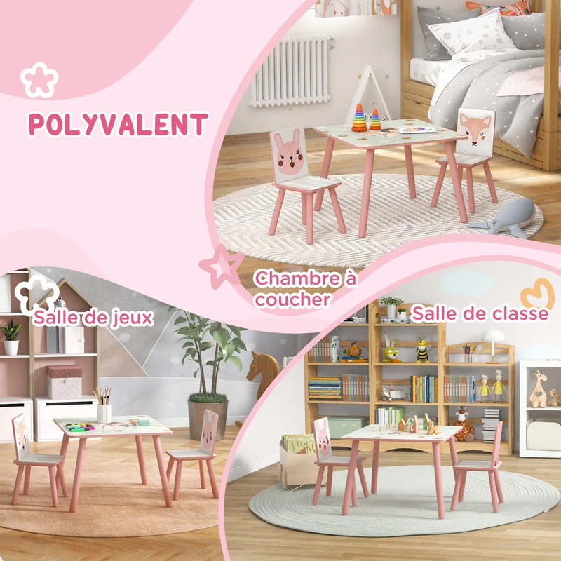 Ensemble table et chaises pour enfants table carrée 60 x 60 x 44 cm bords arrondis adapté 3 ans tendance en MDF rose 21_0000203
