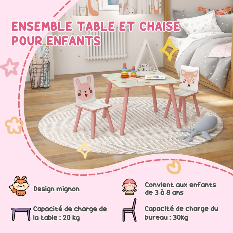 Ensemble table et chaises pour enfants table carrée 60 x 60 x 44 cm bords arrondis adapté 3 ans tendance en MDF rose 21_0000203