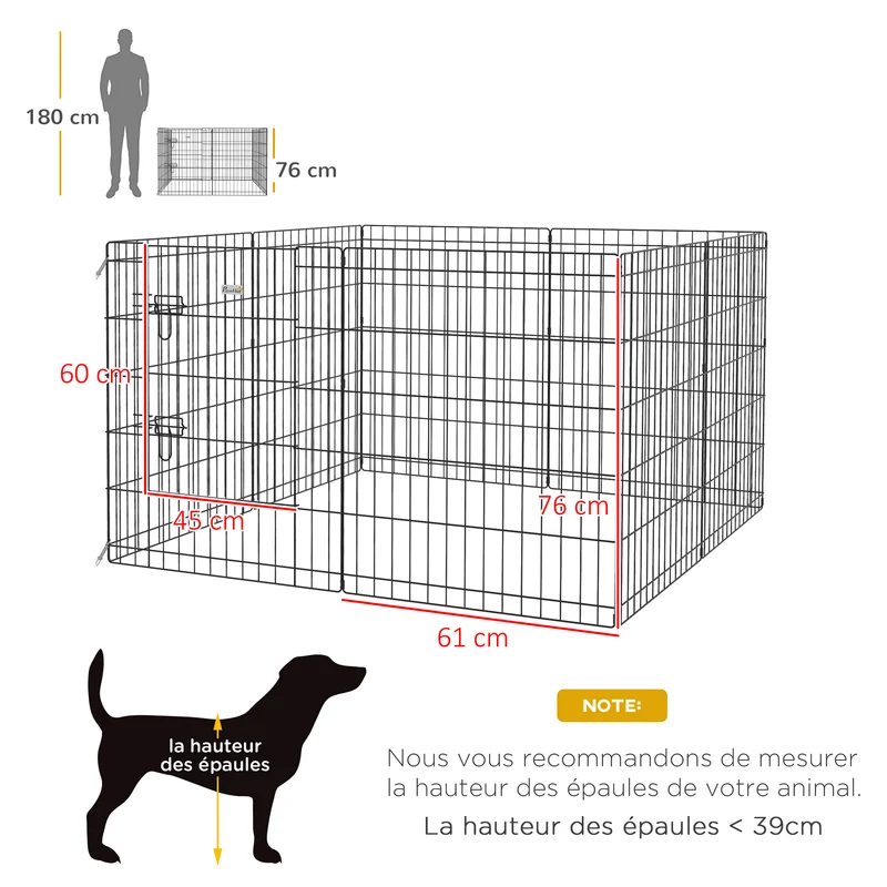 Enclos pour petits animaux intérieur 76 x 61 cm 8 panneaux modulables double verrou sécurité contemporain en métal noir 21_0007383