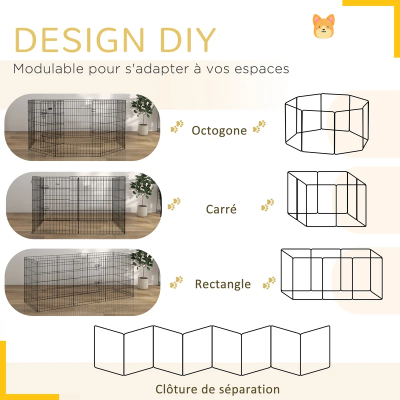 Enclos pour petits animaux intérieur 76 x 61 cm 8 panneaux modulables double verrou sécurité contemporain en métal noir 21_0007383