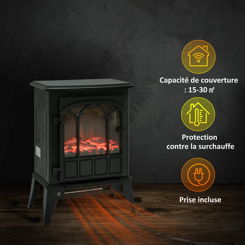Cheminée électrique sur pied 39 x 23 x 56.5 cm chauffage réglable effet flammes ambiance cosy vintage en métal noir 21_0001103