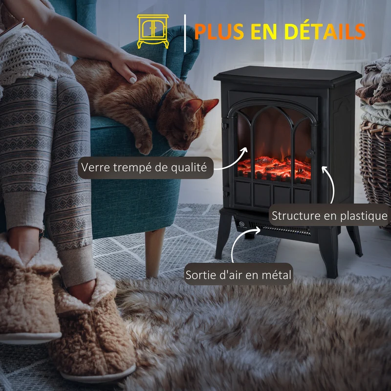 Cheminée électrique sur pied 39 x 23 x 56.5 cm chauffage réglable effet flammes ambiance cosy vintage en métal noir 21_0001103