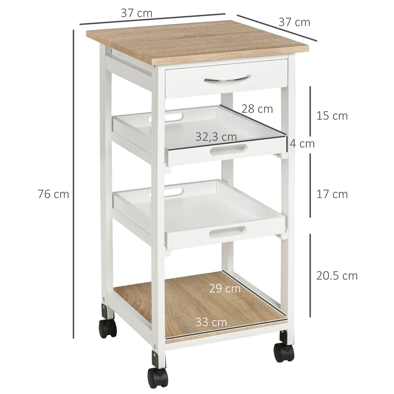 Chariot desserte de cuisine 37 x 37 x 76 cm 2 plateaux gain de rangement scandinave minimaliste en bois de pin blanc 21_0001003