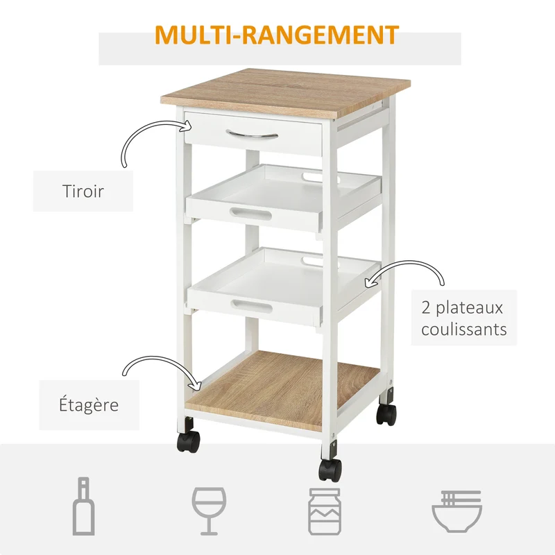 Chariot desserte de cuisine 37 x 37 x 76 cm 2 plateaux gain de rangement scandinave minimaliste en bois de pin blanc 21_0001003