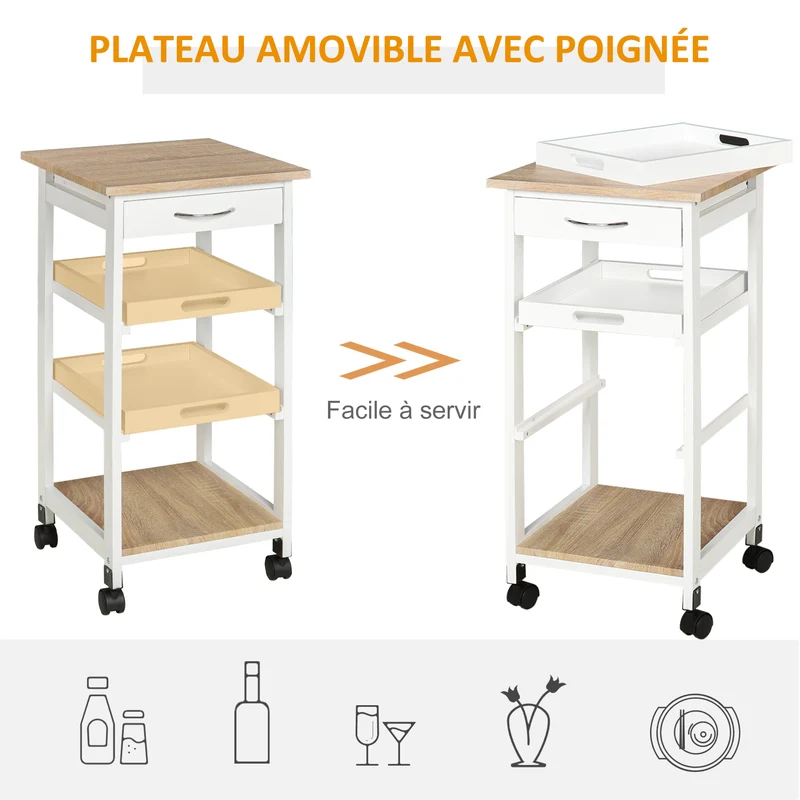Chariot desserte de cuisine 37 x 37 x 76 cm 2 plateaux gain de rangement scandinave minimaliste en bois de pin blanc 21_0001003