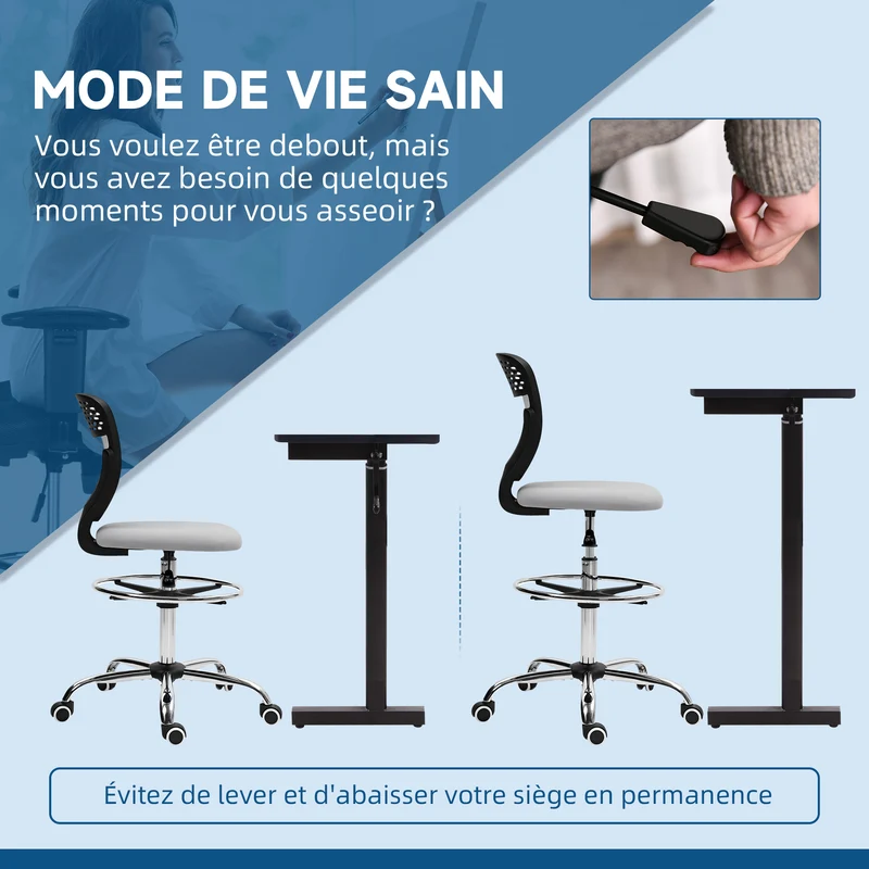Chaise de bureau haute 59 x 59 x 106-126 cm assise réglable repose-pieds réglable design moderne en polyester gris clair 21_0006240