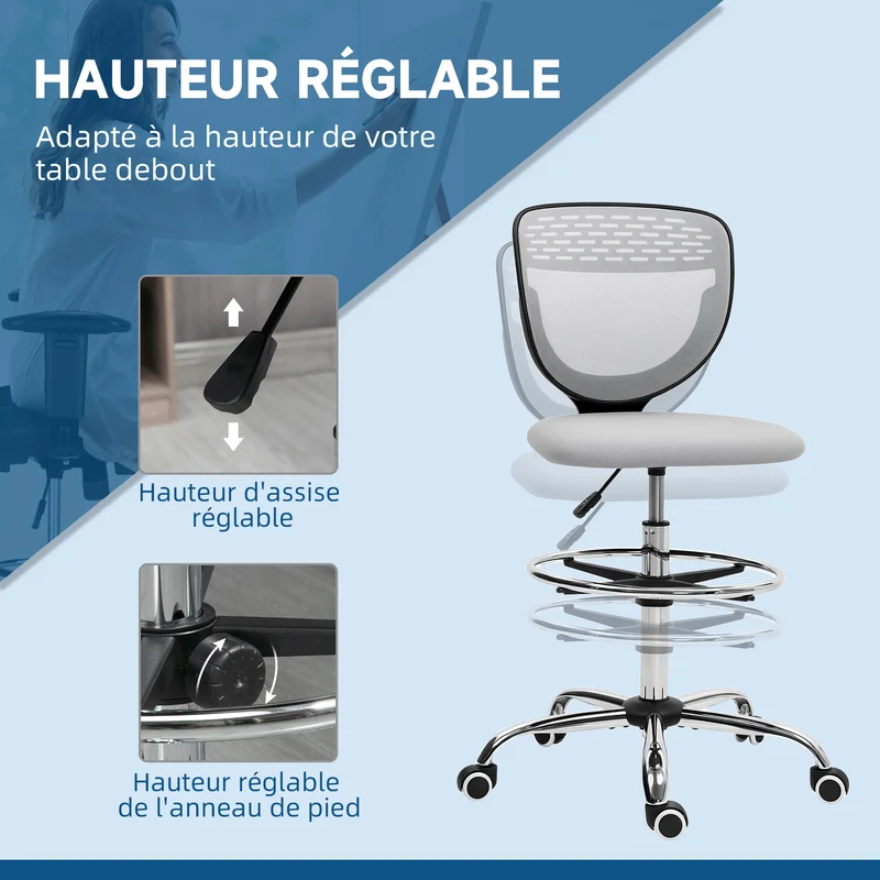 Chaise de bureau haute 59 x 59 x 106-126 cm assise réglable repose-pieds réglable design moderne en polyester gris clair 21_0006240