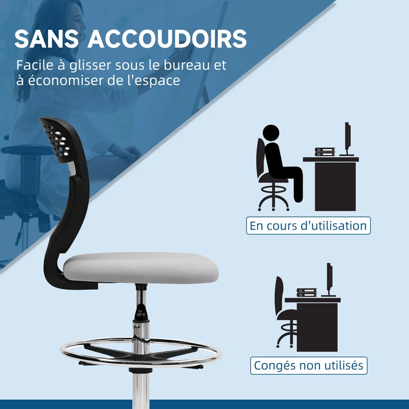 Chaise de bureau haute 59 x 59 x 106-126 cm assise réglable repose-pieds réglable design moderne en polyester gris clair 21_0006240