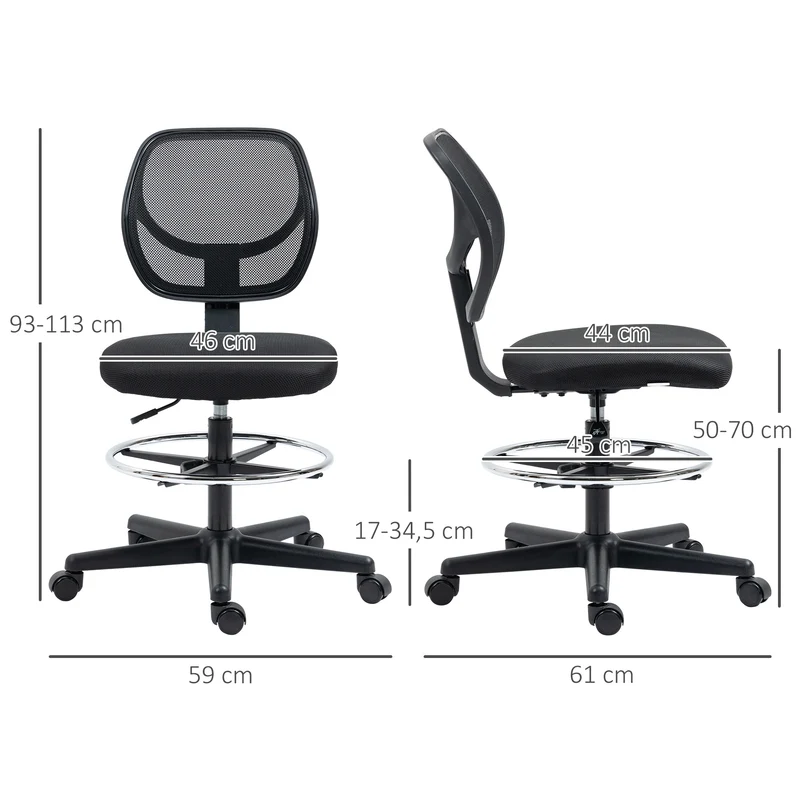 Chaise de bureau assise haute 59 x 61 x 93-113 cm réglable 50-70 cm repose-pieds stable moderne épuré en polyester noir 21_0006237