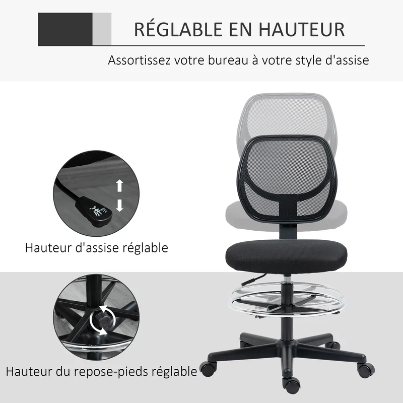 Chaise de bureau assise haute 59 x 61 x 93-113 cm réglable 50-70 cm repose-pieds stable moderne épuré en polyester noir 21_0006237