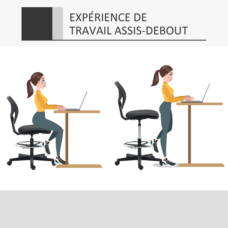 Chaise de bureau assise haute 59 x 61 x 93-113 cm réglable 50-70 cm repose-pieds stable moderne épuré en polyester noir 21_0006237