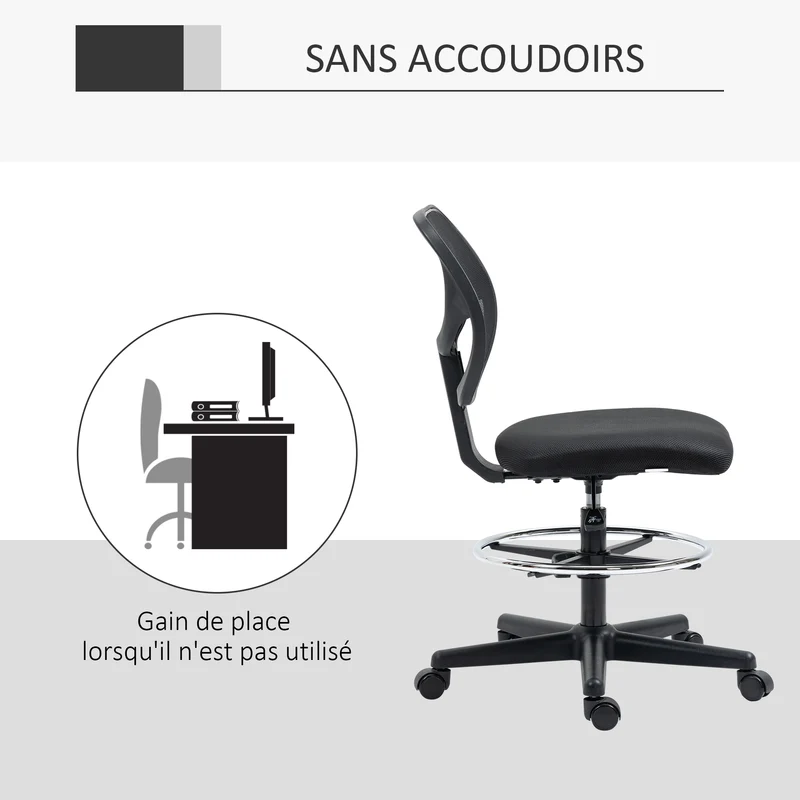 Chaise de bureau assise haute 59 x 61 x 93-113 cm réglable 50-70 cm repose-pieds stable moderne épuré en polyester noir 21_0006237