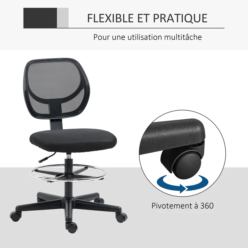 Chaise de bureau assise haute 59 x 61 x 93-113 cm réglable 50-70 cm repose-pieds stable moderne épuré en polyester noir 21_0006237