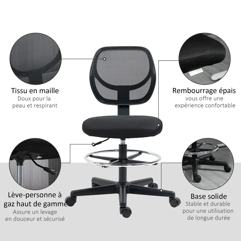 Chaise de bureau assise haute 59 x 61 x 93-113 cm réglable 50-70 cm repose-pieds stable moderne épuré en polyester noir 21_0006237