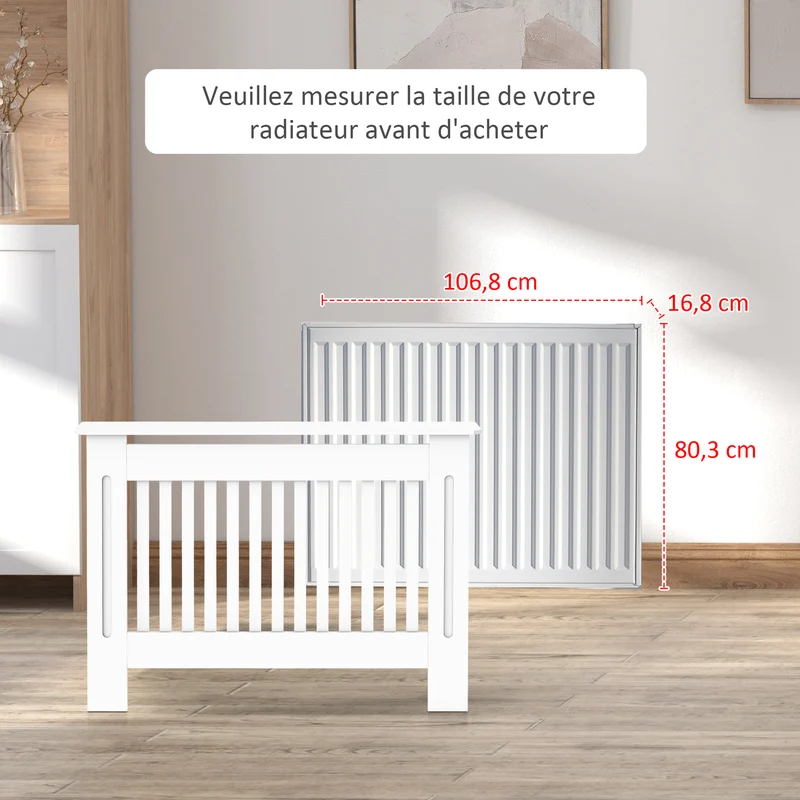 Cache-radiateur à lattes verticales 112 x 19 x 81 cm étagère intégrée circulation optimisée contemporain en MDF blanc 21_0001091