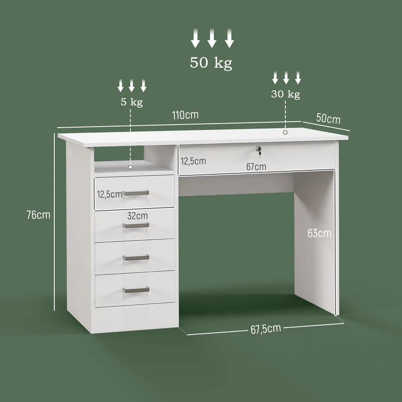 Bureau de travail 110 x 50 x 76 cm 5 tiroirs 1 verrouillable moderne en panneau de particules blanc 21_0002495