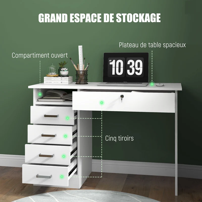Bureau de travail 110 x 50 x 76 cm 5 tiroirs 1 verrouillable moderne en panneau de particules blanc 21_0002495