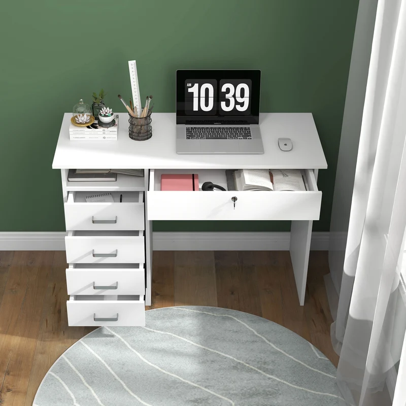 Bureau de travail 110 x 50 x 76 cm 5 tiroirs 1 verrouillable moderne en panneau de particules blanc 21_0002495
