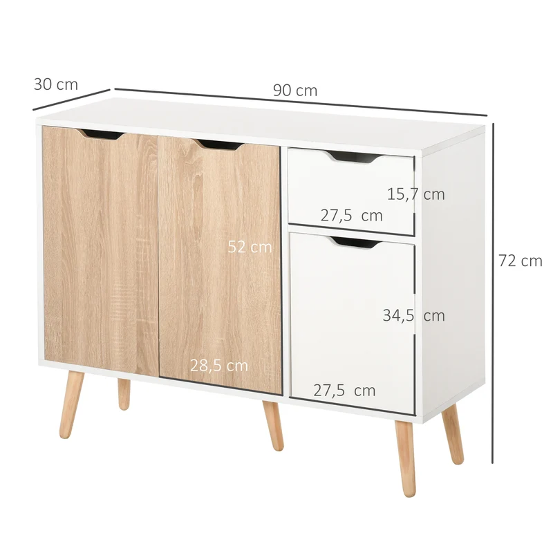 Buffet de rangement 90 x 30 x 72 cm 2 portes tiroir coulissant sécurisé scandinave épuré en panneaux de particules blanc 21_0002620