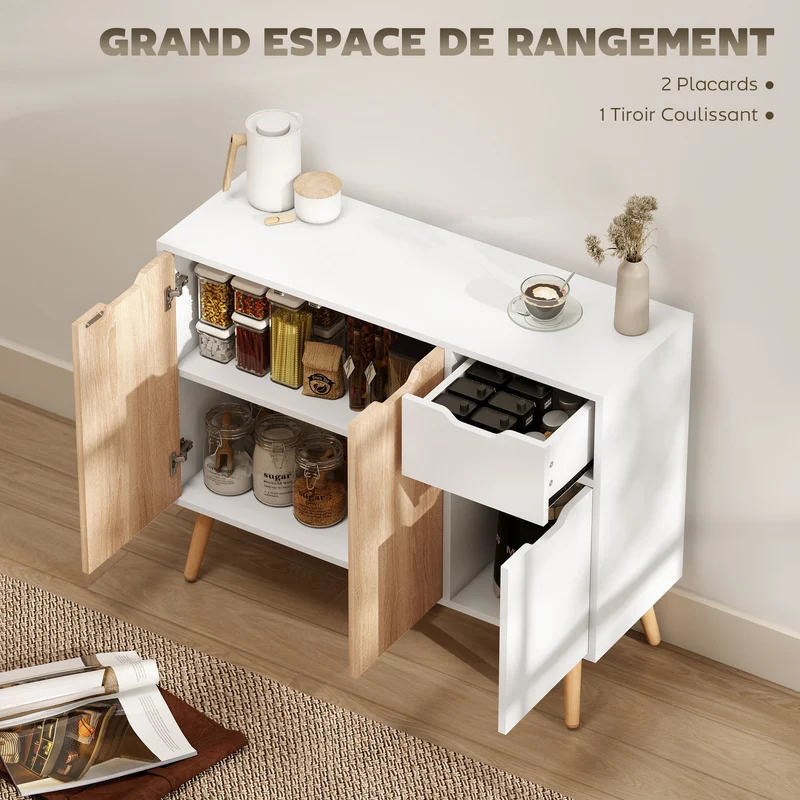 Buffet de rangement 90 x 30 x 72 cm 2 portes tiroir coulissant sécurisé scandinave épuré en panneaux de particules blanc 21_0002620