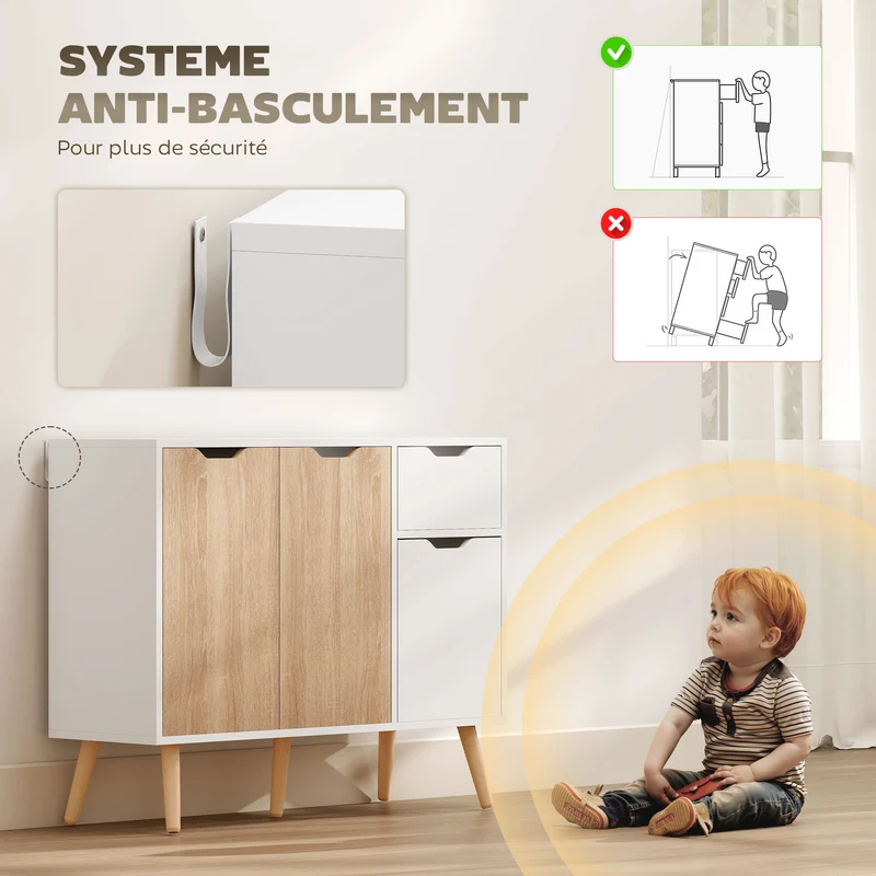 Buffet de rangement 90 x 30 x 72 cm 2 portes tiroir coulissant sécurisé scandinave épuré en panneaux de particules blanc 21_0002620
