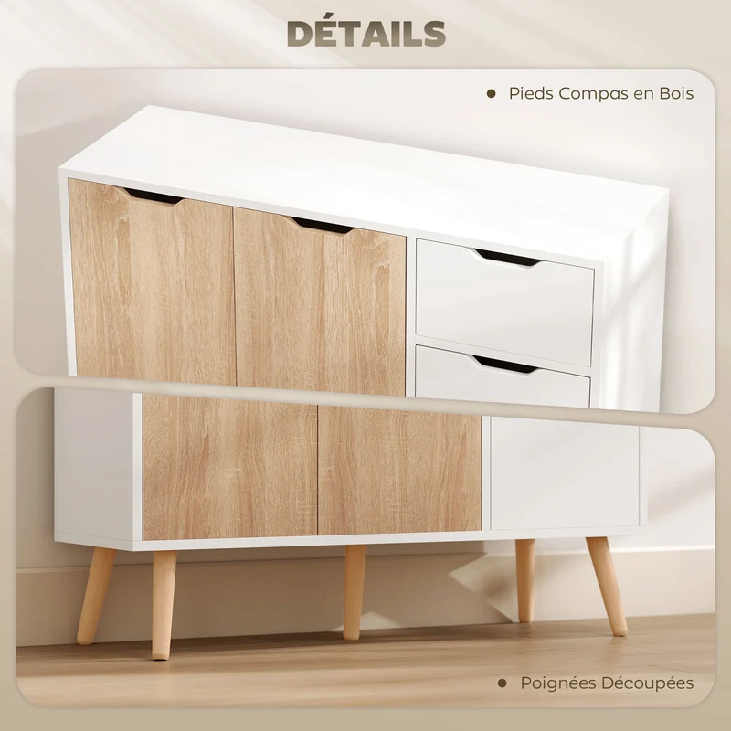 Buffet de rangement 90 x 30 x 72 cm 2 portes tiroir coulissant sécurisé scandinave épuré en panneaux de particules blanc 21_0002620