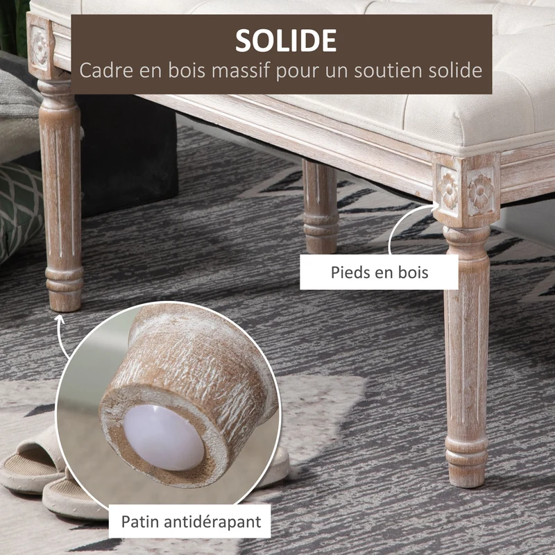 Banquette capitonnée 80 x 40 x 43 cm assise rembourrée mousse densité élevée style classique patiné en polyester beige 21_0002845