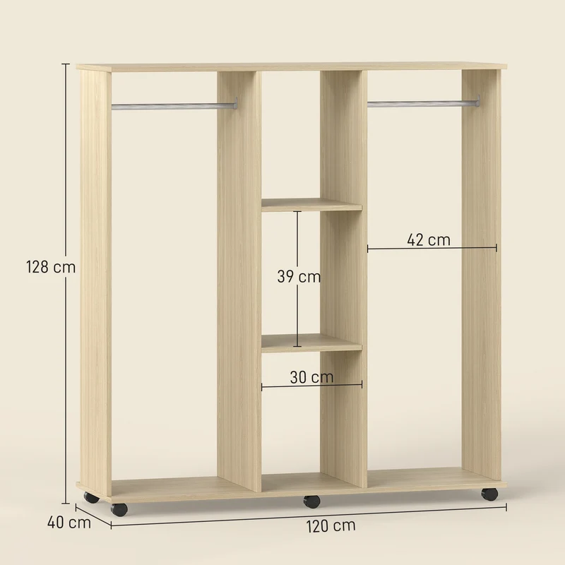 Armoire penderie mobile 120 x 40 x 128 cm 6 roulettes grande capacité style épuré en panneau de particules bois naturel 21_0001423