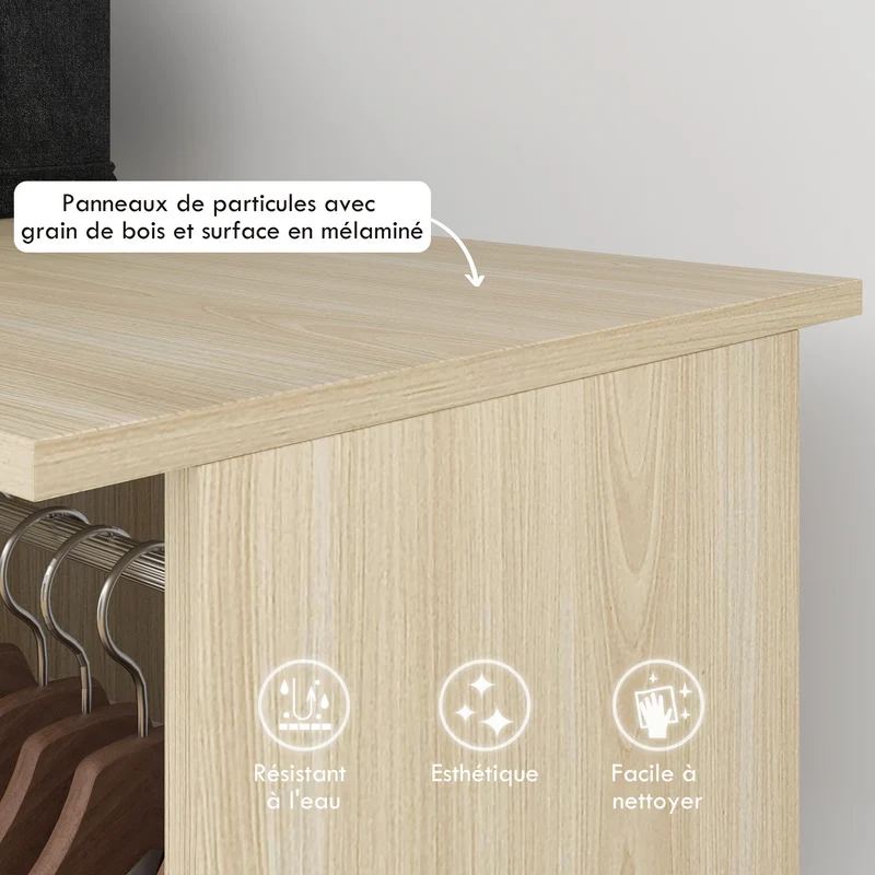 Armoire penderie mobile 120 x 40 x 128 cm 6 roulettes grande capacité style épuré en panneau de particules bois naturel 21_0001423