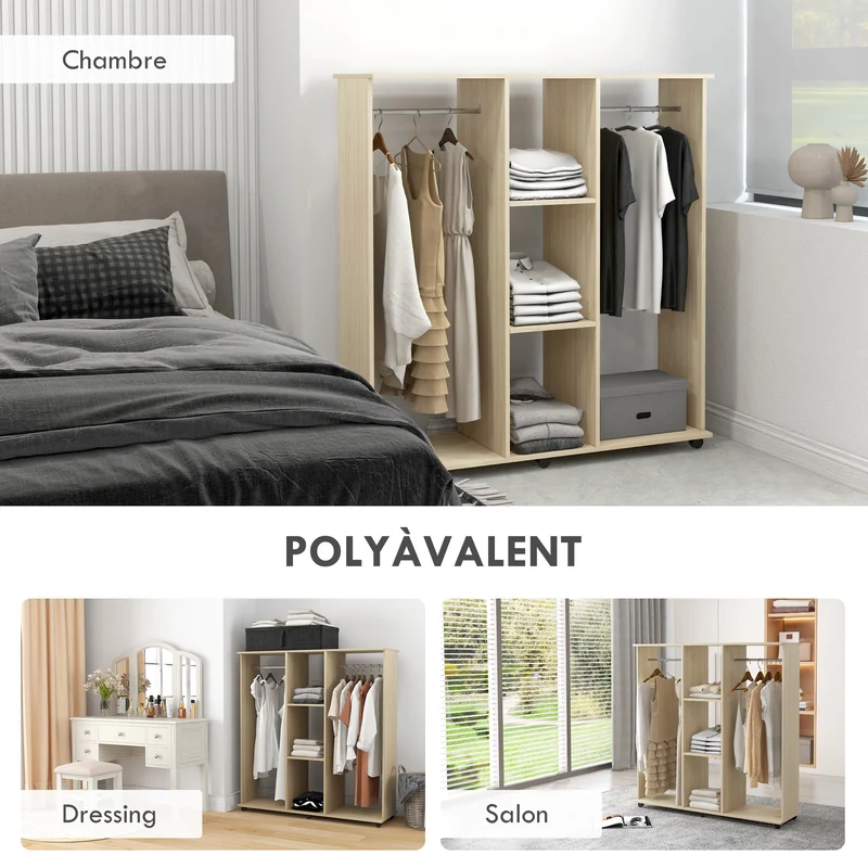 Armoire penderie mobile 120 x 40 x 128 cm 6 roulettes grande capacité style épuré en panneau de particules bois naturel 21_0001423