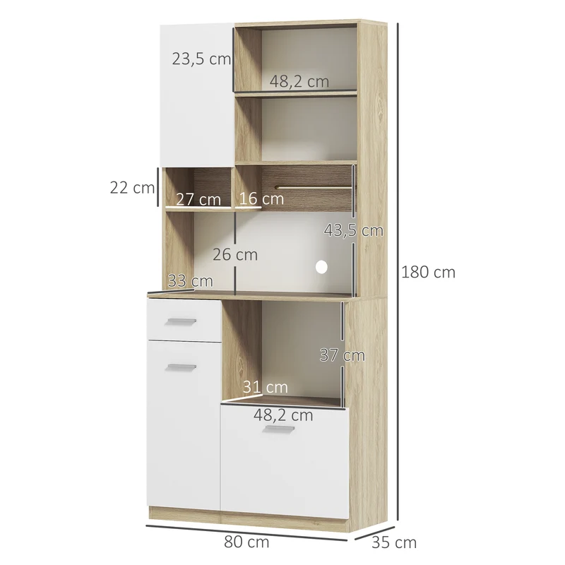 Armoire de cuisine haute 80 x 35 x 180 cm étagères réglables tiroir moderne scandinave en panneau de particules blanc 21_0003281