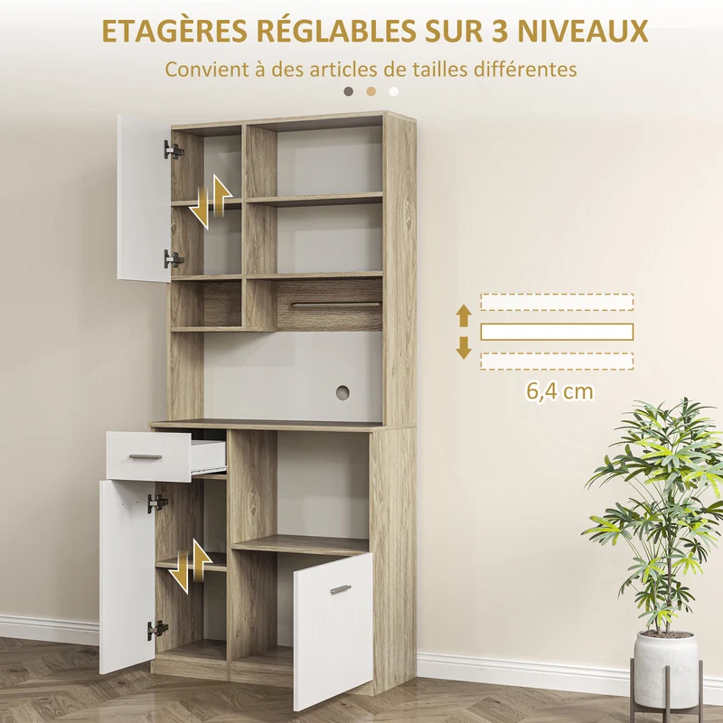 Armoire de cuisine haute 80 x 35 x 180 cm étagères réglables tiroir moderne scandinave en panneau de particules blanc 21_0003281
