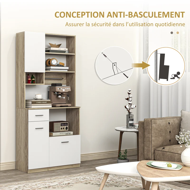Armoire de cuisine haute 80 x 35 x 180 cm étagères réglables tiroir moderne scandinave en panneau de particules blanc 21_0003281
