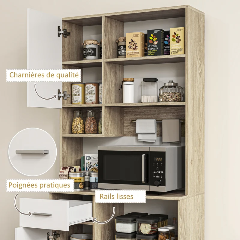 Armoire de cuisine haute 80 x 35 x 180 cm étagères réglables tiroir moderne scandinave en panneau de particules blanc 21_0003281