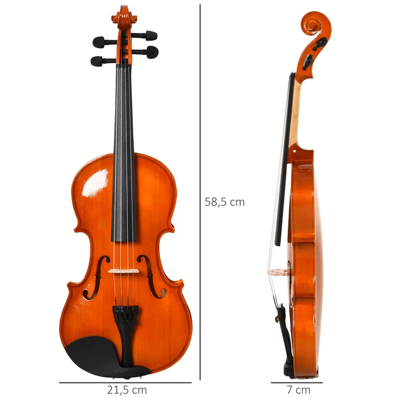 Violon 4/4 d'étude pleine grandeur 58,5 x 21,5 x 7 cm ensemble complet pour débutants style classique en bois orangé 21_0008054