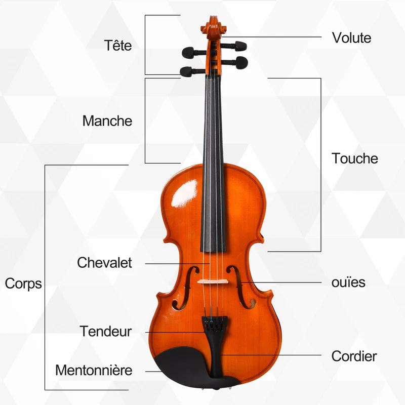 Violon 4/4 d'étude pleine grandeur 58,5 x 21,5 x 7 cm ensemble complet pour débutants style classique en bois orangé 21_0008054