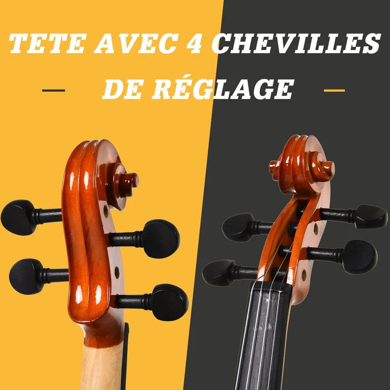 Violon 4/4 d'étude pleine grandeur 58,5 x 21,5 x 7 cm ensemble complet pour débutants style classique en bois orangé 21_0008054