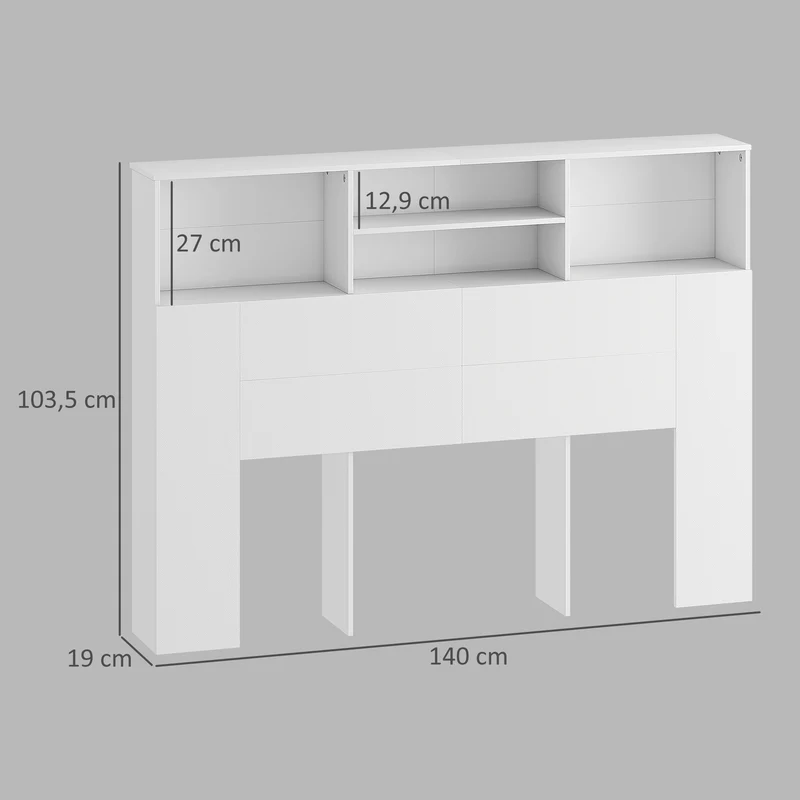 Tête de lit sur pied rangement intégré 140 x 19 x 103.5 cm optimisé 4 compartiments moderne minimaliste en MDF blanc 21_0003756