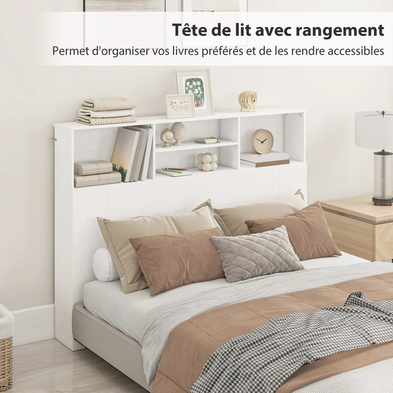 Tête de lit sur pied rangement intégré 140 x 19 x 103.5 cm optimisé 4 compartiments moderne minimaliste en MDF blanc 21_0003756