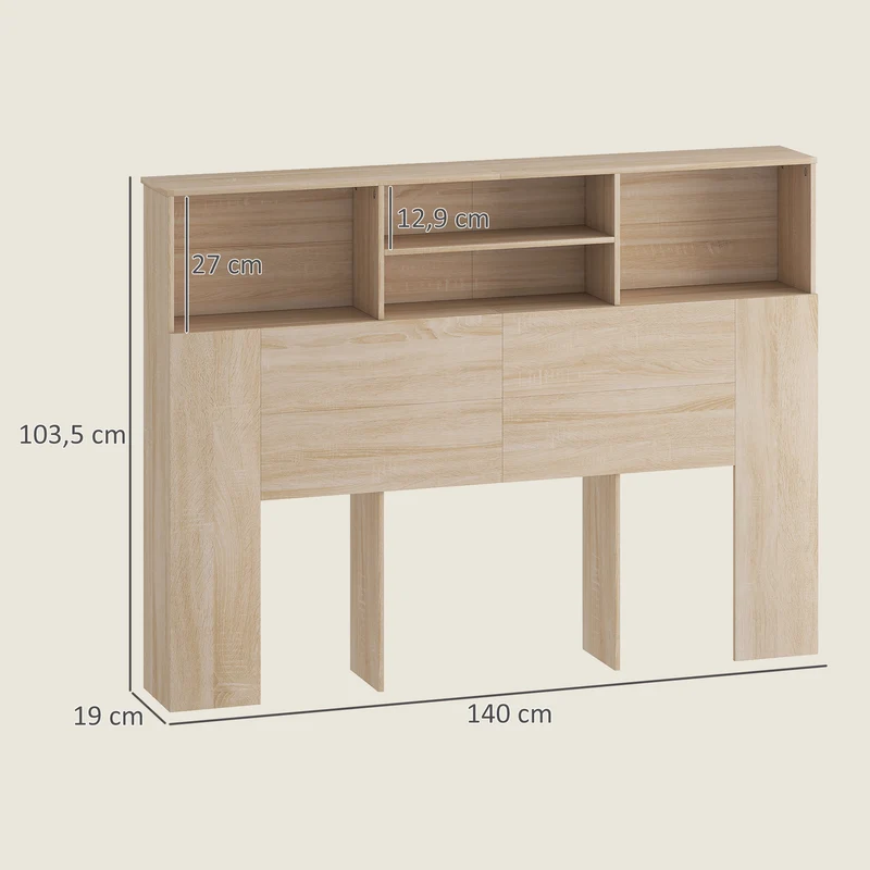Tête de lit sur pied avec rangement 140 x 19 x 103.5 cm gain de place 4 compartiments moderne épuré en MDF bois naturel 21_0003755
