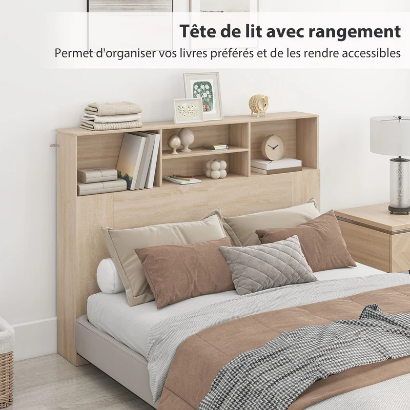 Tête de lit sur pied avec rangement 140 x 19 x 103.5 cm gain de place 4 compartiments moderne épuré en MDF bois naturel 21_0003755