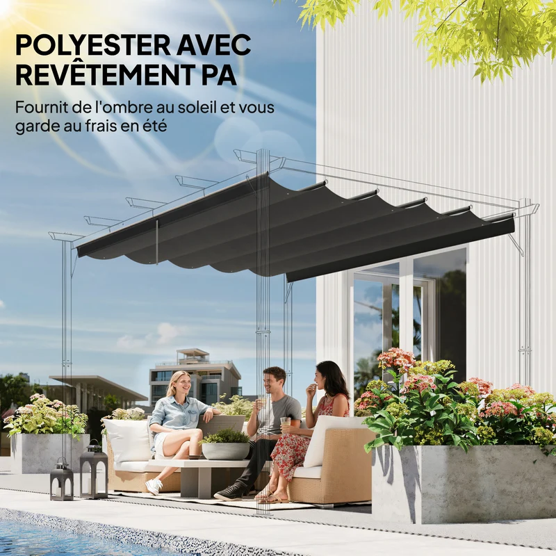 Toile de toit pergola 350 x 260 cm évacuation eau poches 6 barres respirante anti-uv moderne en polyester gris foncé 21_0004808