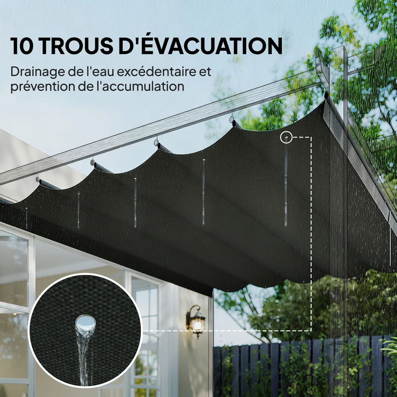 Toile de toit pergola 350 x 260 cm évacuation eau poches 6 barres respirante anti-uv moderne en polyester gris foncé 21_0004808